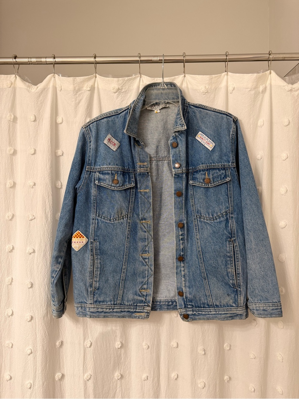 Made In The Shade Classic Light Blue Denim Bomber Jacket with Patch Accents